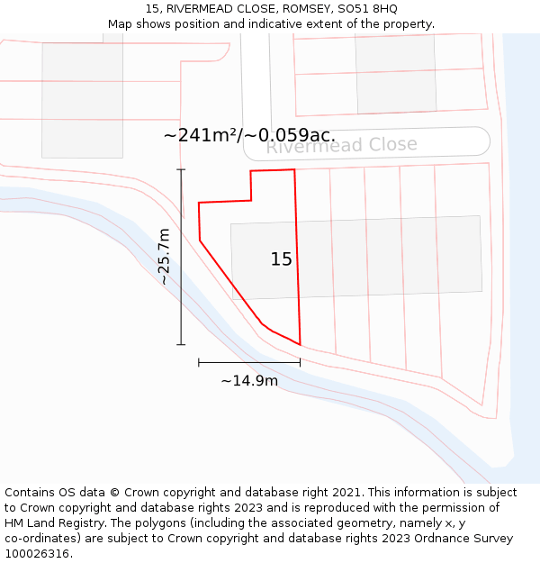 15, RIVERMEAD CLOSE, ROMSEY, SO51 8HQ: Plot and title map