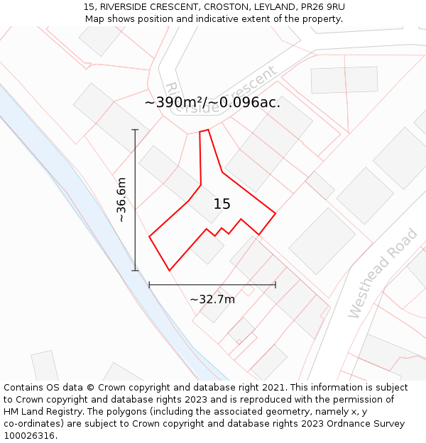 15, RIVERSIDE CRESCENT, CROSTON, LEYLAND, PR26 9RU: Plot and title map