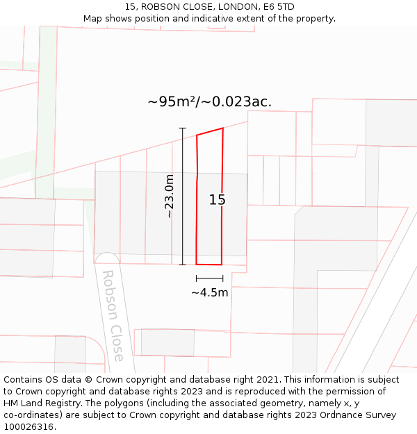 15, ROBSON CLOSE, LONDON, E6 5TD: Plot and title map