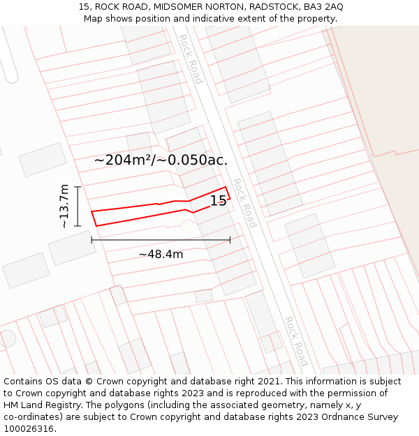 15, ROCK ROAD, MIDSOMER NORTON, RADSTOCK, BA3 2AQ: Plot and title map