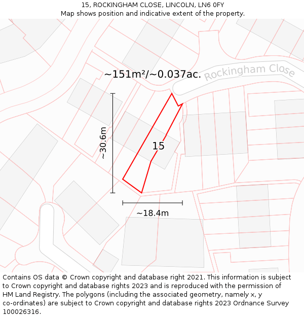 15, ROCKINGHAM CLOSE, LINCOLN, LN6 0FY: Plot and title map