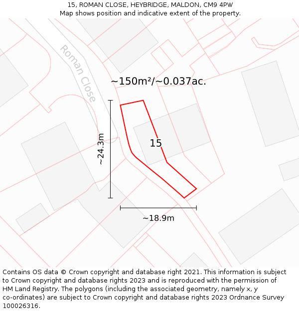 15, ROMAN CLOSE, HEYBRIDGE, MALDON, CM9 4PW: Plot and title map