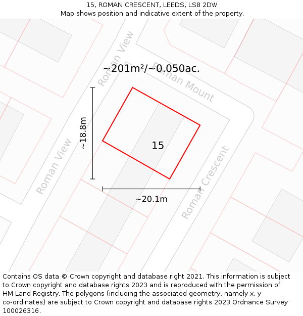 15, ROMAN CRESCENT, LEEDS, LS8 2DW: Plot and title map