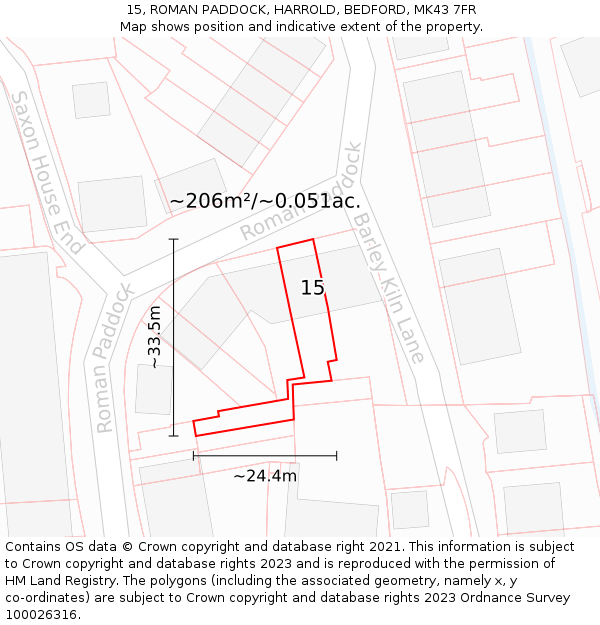 15, ROMAN PADDOCK, HARROLD, BEDFORD, MK43 7FR: Plot and title map