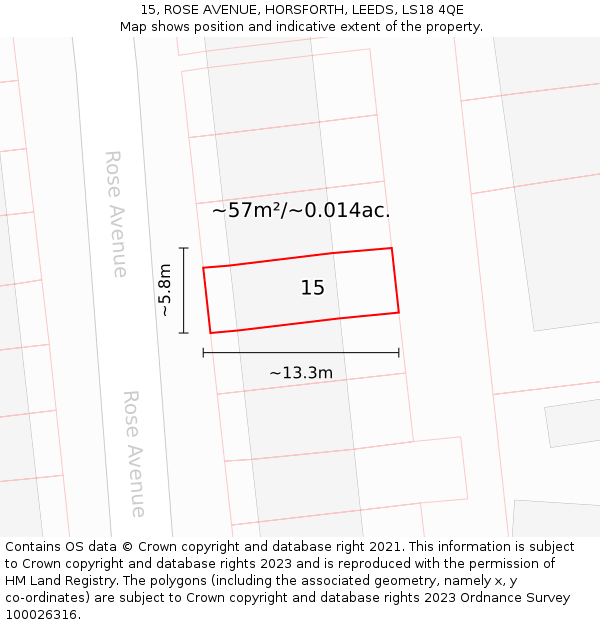 15, ROSE AVENUE, HORSFORTH, LEEDS, LS18 4QE: Plot and title map