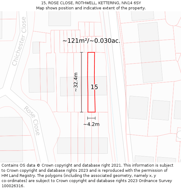 15, ROSE CLOSE, ROTHWELL, KETTERING, NN14 6SY: Plot and title map