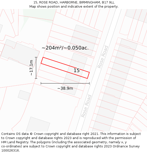 15, ROSE ROAD, HARBORNE, BIRMINGHAM, B17 9LL: Plot and title map