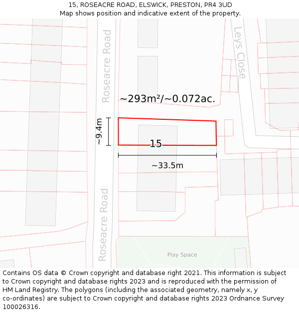 15, ROSEACRE ROAD, ELSWICK, PRESTON, PR4 3UD: Plot and title map
