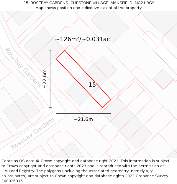 15, ROSEBAY GARDENS, CLIPSTONE VILLAGE, MANSFIELD, NG21 9GY: Plot and title map