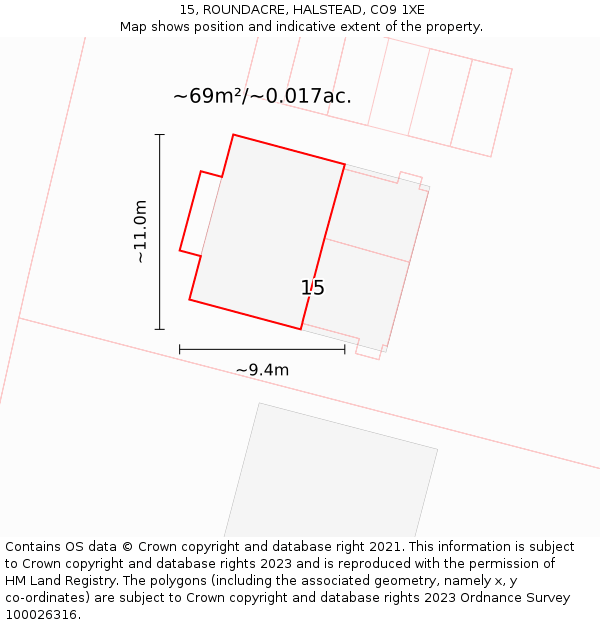 15, ROUNDACRE, HALSTEAD, CO9 1XE: Plot and title map