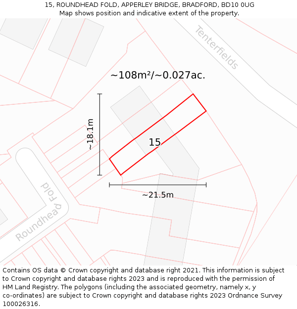 15, ROUNDHEAD FOLD, APPERLEY BRIDGE, BRADFORD, BD10 0UG: Plot and title map