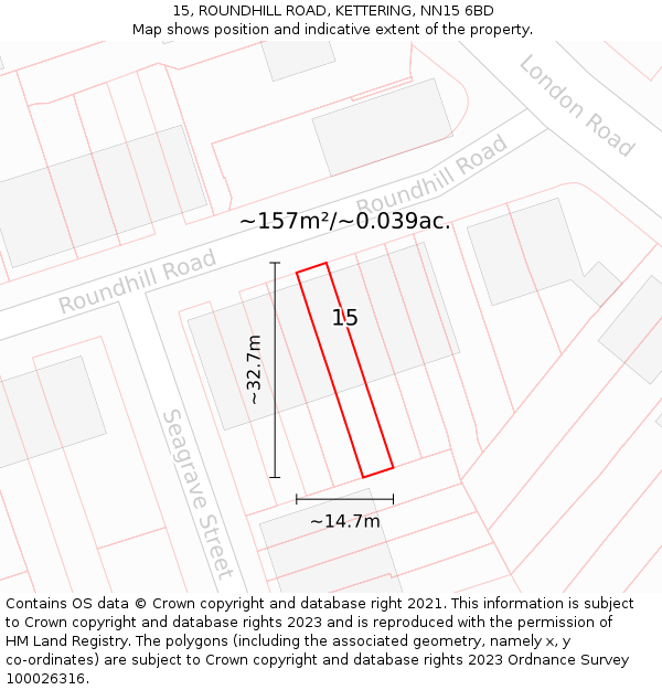 15, ROUNDHILL ROAD, KETTERING, NN15 6BD: Plot and title map