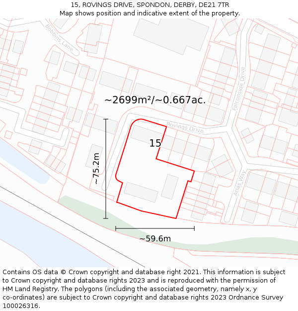 15, ROVINGS DRIVE, SPONDON, DERBY, DE21 7TR: Plot and title map