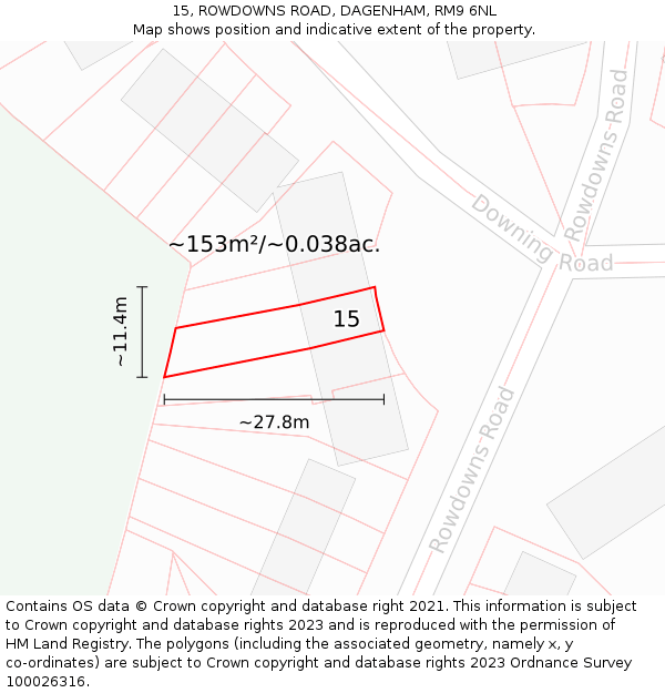 15, ROWDOWNS ROAD, DAGENHAM, RM9 6NL: Plot and title map