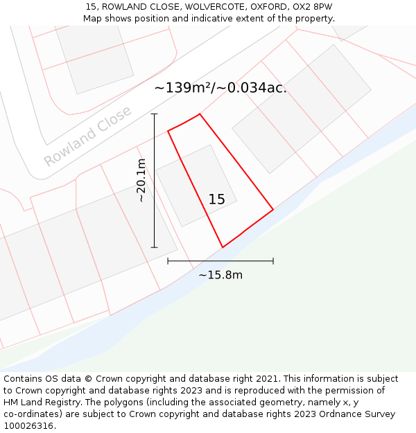 15, ROWLAND CLOSE, WOLVERCOTE, OXFORD, OX2 8PW: Plot and title map