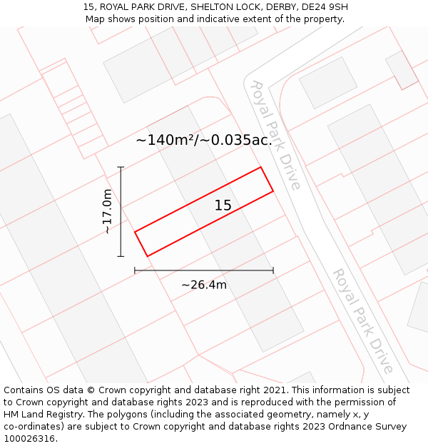 15, ROYAL PARK DRIVE, SHELTON LOCK, DERBY, DE24 9SH: Plot and title map