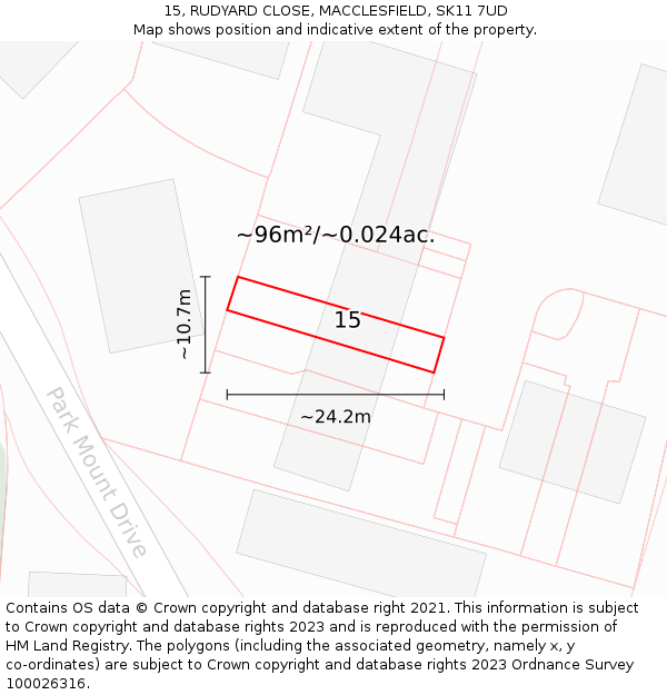 15, RUDYARD CLOSE, MACCLESFIELD, SK11 7UD: Plot and title map