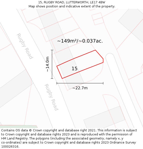 15, RUGBY ROAD, LUTTERWORTH, LE17 4BW: Plot and title map