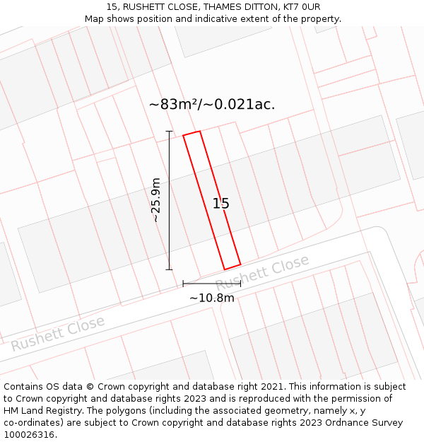 15, RUSHETT CLOSE, THAMES DITTON, KT7 0UR: Plot and title map