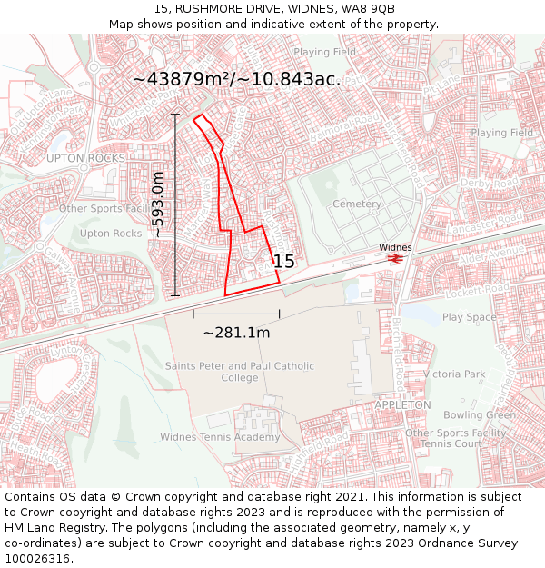 15, RUSHMORE DRIVE, WIDNES, WA8 9QB: Plot and title map