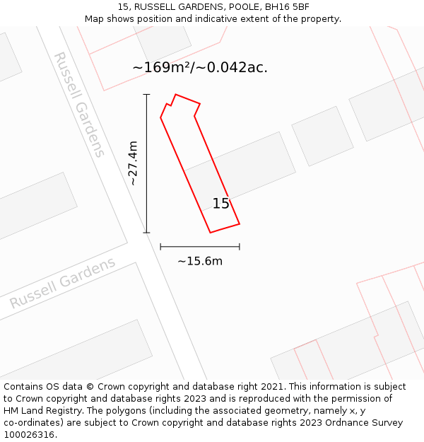 15, RUSSELL GARDENS, POOLE, BH16 5BF: Plot and title map