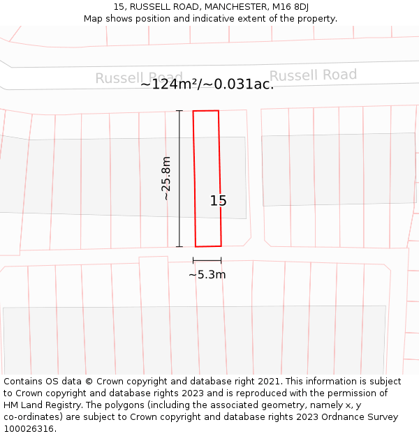 15, RUSSELL ROAD, MANCHESTER, M16 8DJ: Plot and title map