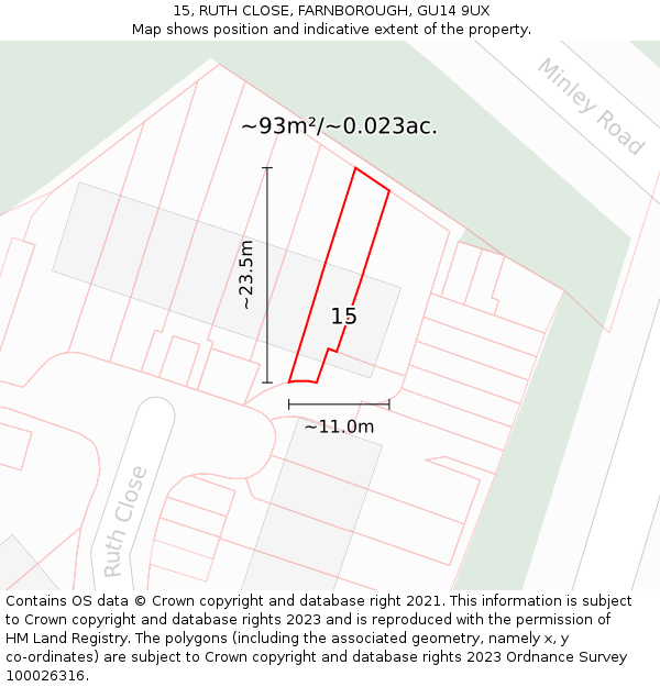 15, RUTH CLOSE, FARNBOROUGH, GU14 9UX: Plot and title map
