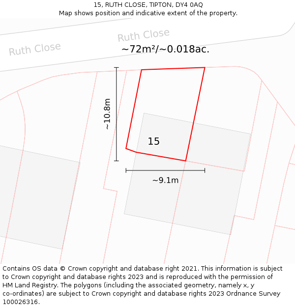 15, RUTH CLOSE, TIPTON, DY4 0AQ: Plot and title map