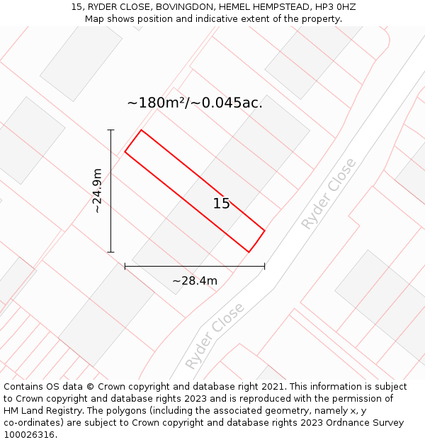 15, RYDER CLOSE, BOVINGDON, HEMEL HEMPSTEAD, HP3 0HZ: Plot and title map