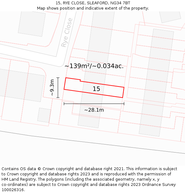 15, RYE CLOSE, SLEAFORD, NG34 7BT: Plot and title map