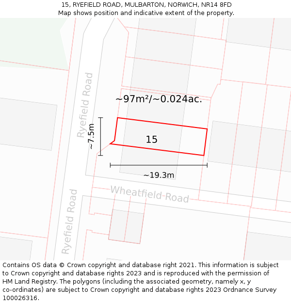 15, RYEFIELD ROAD, MULBARTON, NORWICH, NR14 8FD: Plot and title map