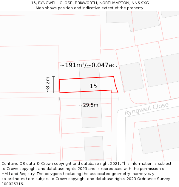 15, RYNGWELL CLOSE, BRIXWORTH, NORTHAMPTON, NN6 9XG: Plot and title map