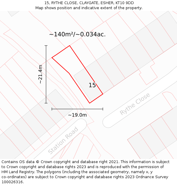15, RYTHE CLOSE, CLAYGATE, ESHER, KT10 9DD: Plot and title map