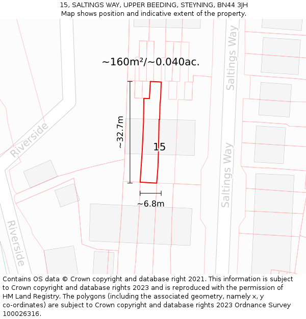 15, SALTINGS WAY, UPPER BEEDING, STEYNING, BN44 3JH: Plot and title map