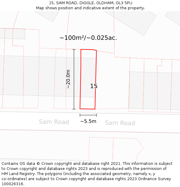 15, SAM ROAD, DIGGLE, OLDHAM, OL3 5PU: Plot and title map