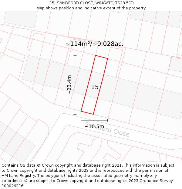 15, SANDFORD CLOSE, WINGATE, TS28 5FD: Plot and title map
