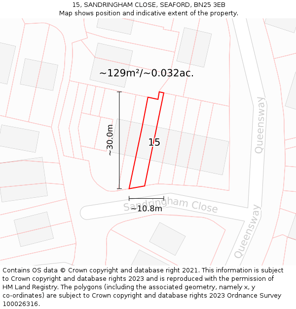 15, SANDRINGHAM CLOSE, SEAFORD, BN25 3EB: Plot and title map