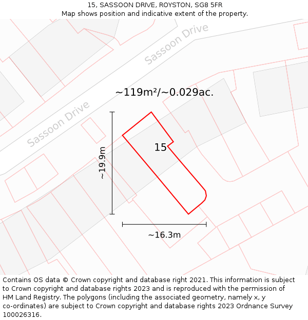 15, SASSOON DRIVE, ROYSTON, SG8 5FR: Plot and title map