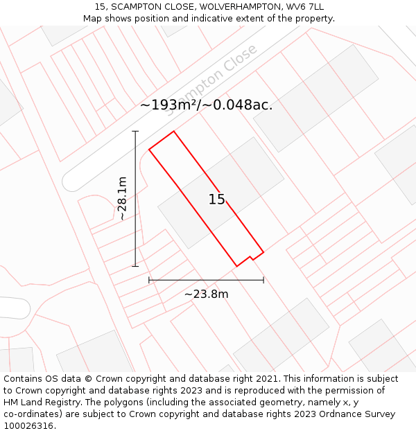 15, SCAMPTON CLOSE, WOLVERHAMPTON, WV6 7LL: Plot and title map
