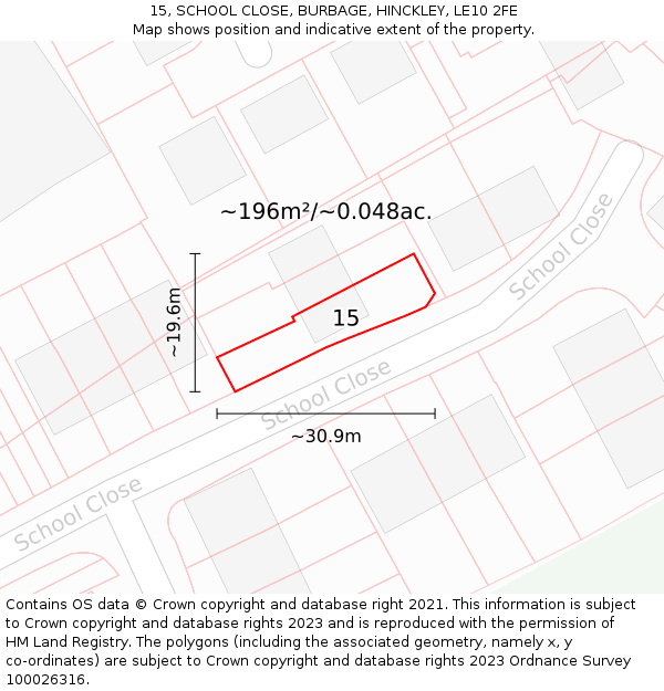 15, SCHOOL CLOSE, BURBAGE, HINCKLEY, LE10 2FE: Plot and title map