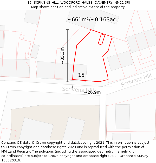 15, SCRIVENS HILL, WOODFORD HALSE, DAVENTRY, NN11 3RJ: Plot and title map