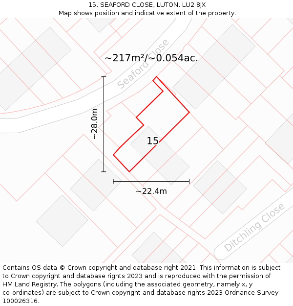 15, SEAFORD CLOSE, LUTON, LU2 8JX: Plot and title map