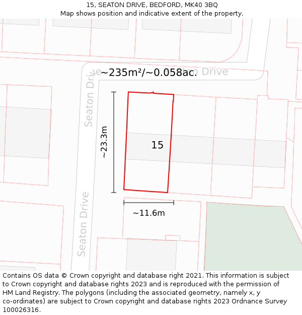 15, SEATON DRIVE, BEDFORD, MK40 3BQ: Plot and title map