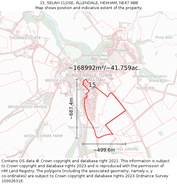 15, SELAH CLOSE, ALLENDALE, HEXHAM, NE47 9BB: Plot and title map