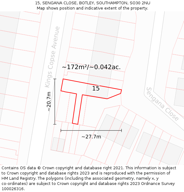 15, SENGANA CLOSE, BOTLEY, SOUTHAMPTON, SO30 2NU: Plot and title map