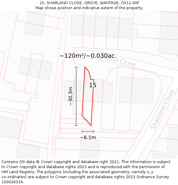 15, SHARLAND CLOSE, GROVE, WANTAGE, OX12 0AF: Plot and title map