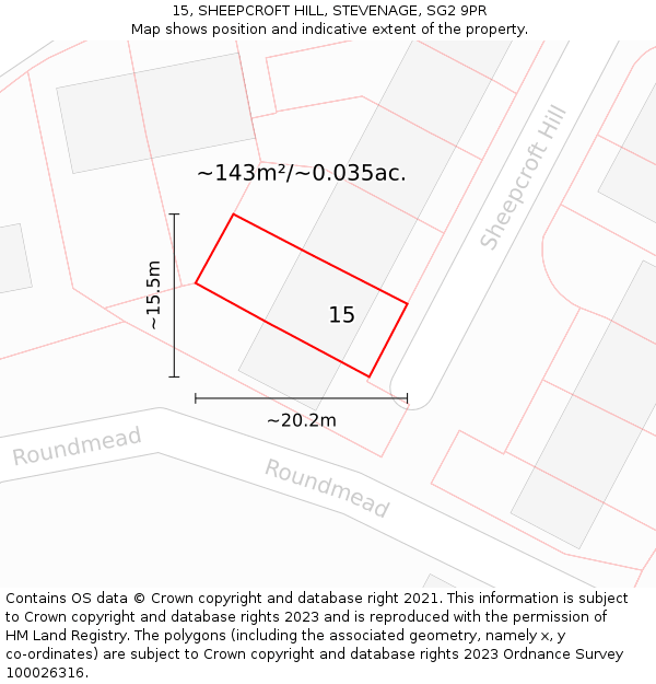 15, SHEEPCROFT HILL, STEVENAGE, SG2 9PR: Plot and title map