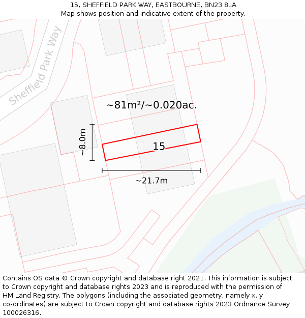 15, SHEFFIELD PARK WAY, EASTBOURNE, BN23 8LA: Plot and title map
