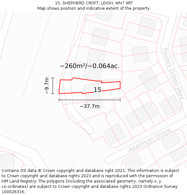 15, SHEPHERD CROFT, LEIGH, WN7 4RT: Plot and title map