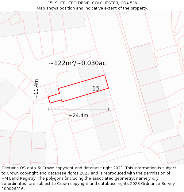 15, SHEPHERD DRIVE, COLCHESTER, CO4 5FA: Plot and title map